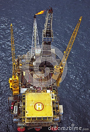 high aerial image of the Fortescue platform and flare boom on Bass Strait. Stock Photo