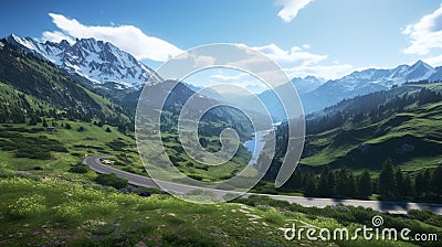 A high-altitude mountain pass bordered by vibrant alpine meadows Stock Photo