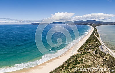 Drone view of the Neck, an isthmus connecting north and south Bruny Island in Tasmania Stock Photo