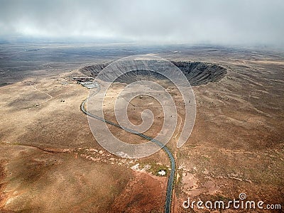 High angle aerial of Meteor Crater, Arizona. Stock Photo