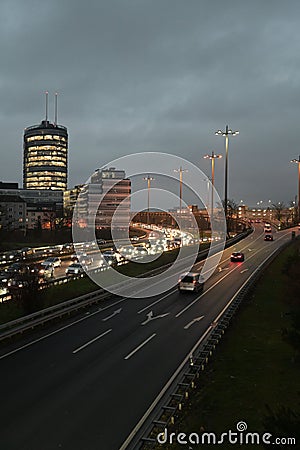 High-angle of cars in a traffic jam during evening rush hour in Duesseldorf, Germany Editorial Stock Photo