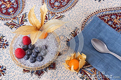 High angle close-up of chia seeds dessert with summer beries Stock Photo