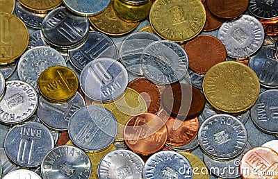 High angle closeup shot of Romanian coins scattered on a surface Stock Photo