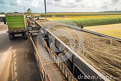 High-angle perspective of sugar cane arriving by truck to a factory, where it is weighed, washed, and prepared for processing Stock Photo
