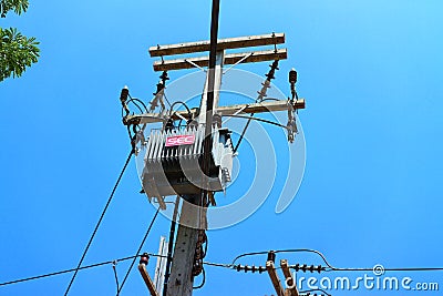 High angle picture, large electric pole, high pressure, sky background Editorial Stock Photo