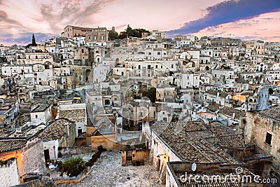 High angle shot of the buildings in the city of Matera, Italy during the sunset Stock Photo