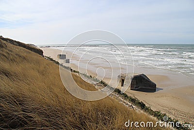 High angle shot of bunkers in Lokken beach, Denmark Stock Photo