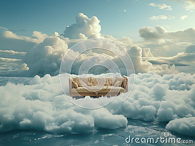 high angle shot of couch or sofa on clouds in the sky, concept image for gods heaven Stock Photo