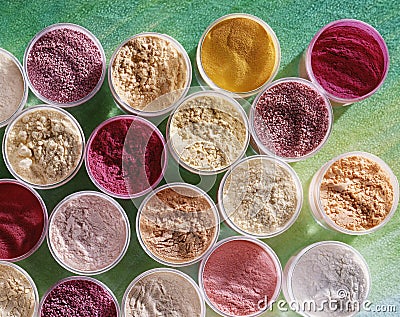 High-angle shot of food coloring powders Stock Photo