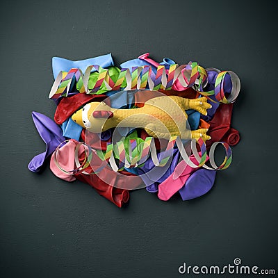 Plucked turkey, streamers and balloons Stock Photo