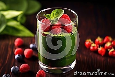 high angle shot of a spinach and berry concoction in a glass Stock Photo
