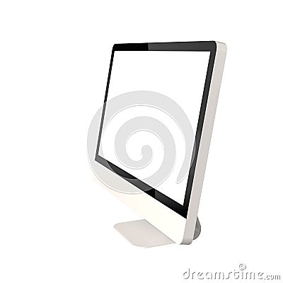 High Angle View of Blank PC Monitor Isolated on White Background. 3D Render of White Modern Sleek Screen. Stock Photo