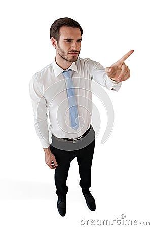 High angle view of businessman working on invisible interface Stock Photo