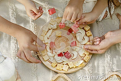 High angle view of children hands enjoying cheese dessert decorated with watermelon Stock Photo