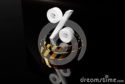 High-angle view of the 3D rendered percent icon over the yellow-striped display Stock Photo