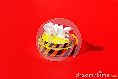 High-angle view of the 3D-rendered sale icon over the yellow-striped display Stock Photo