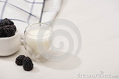 High angle view of glass of homemade yogurt and sugar bowl with blackberries near plaid fabric Stock Photo