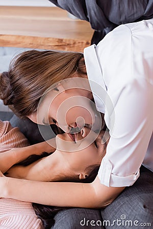 high angle view of happy girlfriends Stock Photo
