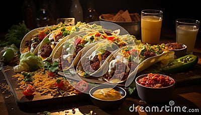 A high angle view of a homemade taco plate with cheddar cheese generated by AI Stock Photo