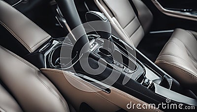 High angle view of luxury sport car front passenger seat and detail high end fabric and stitch texture along with blurred gear Stock Photo
