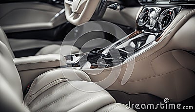 High angle view of luxury sport car front passenger seat and detail high end fabric and stitch texture along with blurred gear Stock Photo