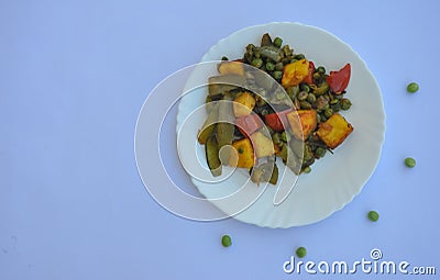 High angle view of matar paneer mix veg recipe Indian food over white background with copy space Stock Photo