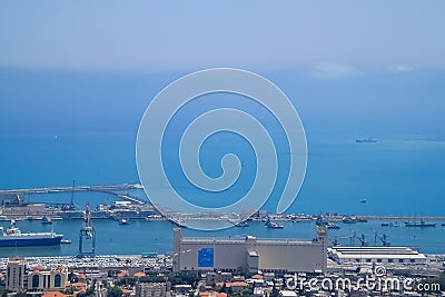 High angle view from Mount Carmel over the Mediterranean Sea and a naval port Editorial Stock Photo