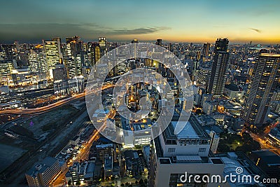 High angle view of osaka urban skyscraper at beautiful twilight Stock Photo