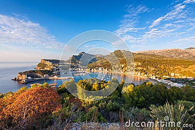 High Angle View on Port de Soller Mallorca at Sunset Stock Photo