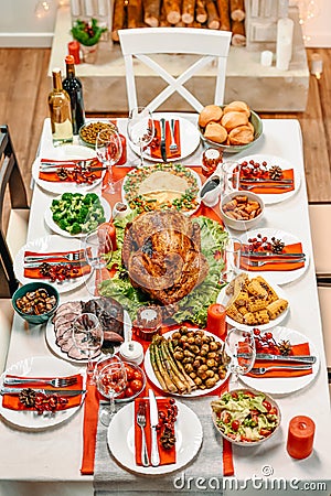 high angle view of served table with delicious dinner Stock Photo