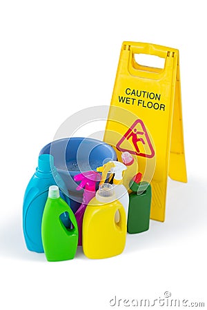 High angle view of sigh board with cleaning products Stock Photo