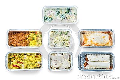 High Angle View Of Tasty Food In Foil Containers Stock Photo