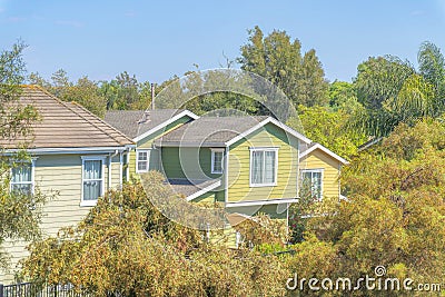 High angle view of two houses with green wood vinyl lap sidings in Ladera Ranch, California Stock Photo