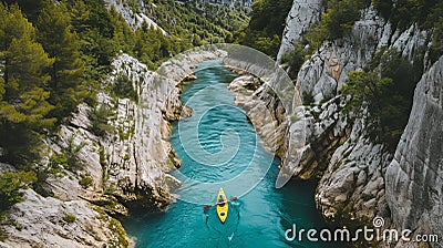 High angle view of unrecognizable people kayaking on blue narrow river flowing between rocky mountains during vacation at daytime Stock Photo