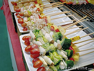 High Angle View of Vegetable Barbecue Sticks Ready to Grill Stock Photo