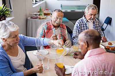 High angle view of woman serving drink to senior friends Stock Photo