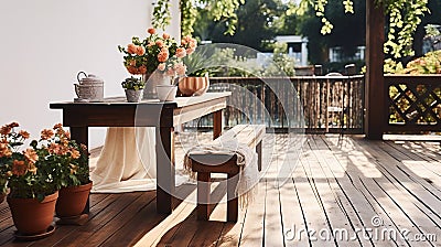 High-Angle View of a Wooden Terrace Haven. Wooden Terrace Overlooking a Lush Green Courtyard. Generative AI Stock Photo