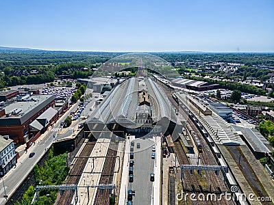 high aspect aerial view of the front of the train station at Preston Editorial Stock Photo