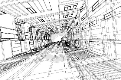 High building structure architecture abstract, 3d illustration,architecture drawing Cartoon Illustration