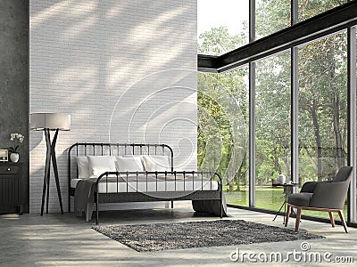 High ceiling loft bedroom with nature view 3d render Stock Photo