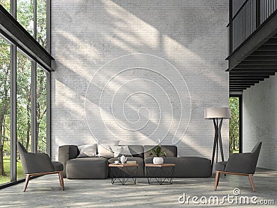 High ceiling loft living room with nature view 3d render Stock Photo