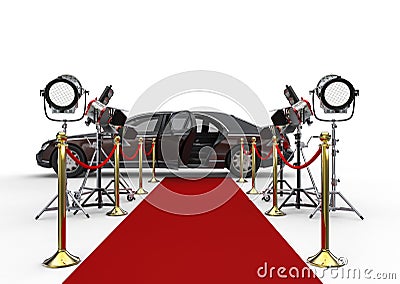 HIGH CLASS LIMOUSINE with red carpet and spotlights Stock Photo
