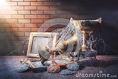 High contrast image of dusty trophies with cobwebs representing Stock Photo