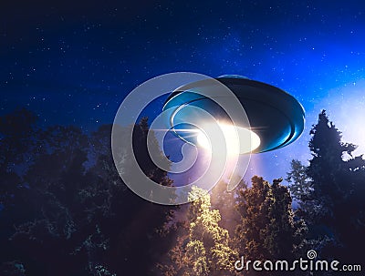 High contrast image of UFO flying over a forest with light beam Stock Photo