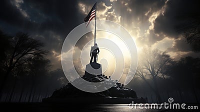 A serene war memorial with a flag at half-mast, Stock Photo