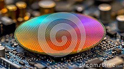 High definition macro image of a silicon wafer on a circuit board, showcasing iridescent patterns, microtechnology, and advance Cartoon Illustration