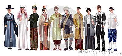 High detail cartoon illustration of Asian male man traditional Cartoon Illustration