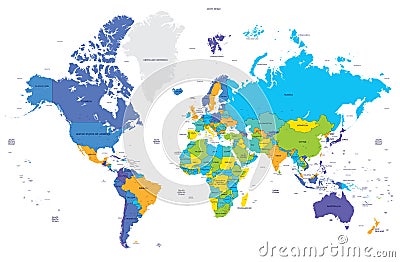 High detail color world map Capital and big cities. Vector Vector Illustration