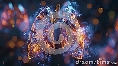 Futuristic 3D hologram of human lungs with sparkling particles against a dark background with bokeh lights Stock Photo