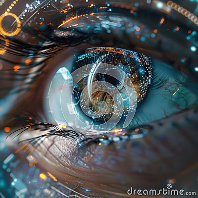 High-detail digital art of a human eye with cybernetic enhancements, implying advanced biotechnology Stock Photo